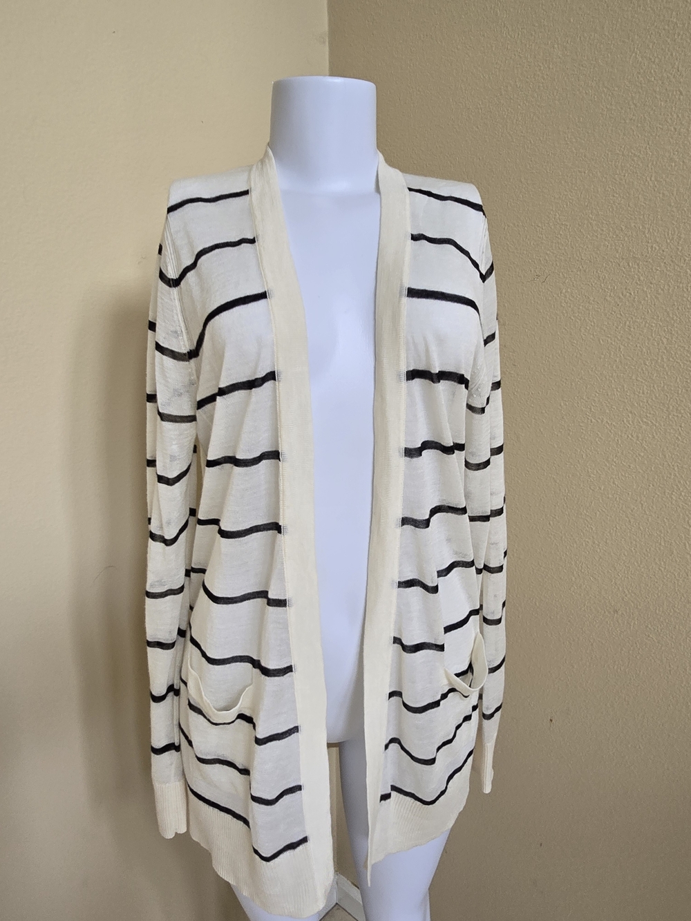 LOFT Cream and Black Striped Open-Front Cardigan